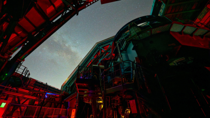 This image shows the Simonyi Survey Telescope taking on-sky observations with the Rubin Commissioning Camera on 24 October 2024.