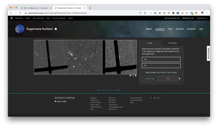 A screenshot of a page from the Zooniverse